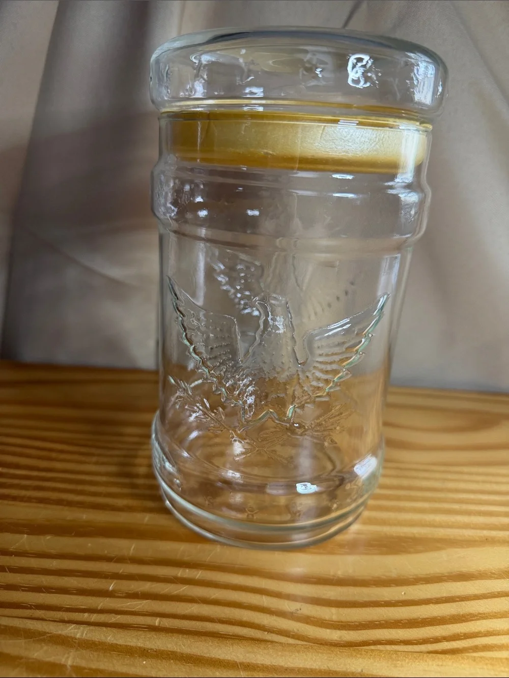Vintage Clear Glass Apothecary Jar Embossed American Eagle and Stars 7.25